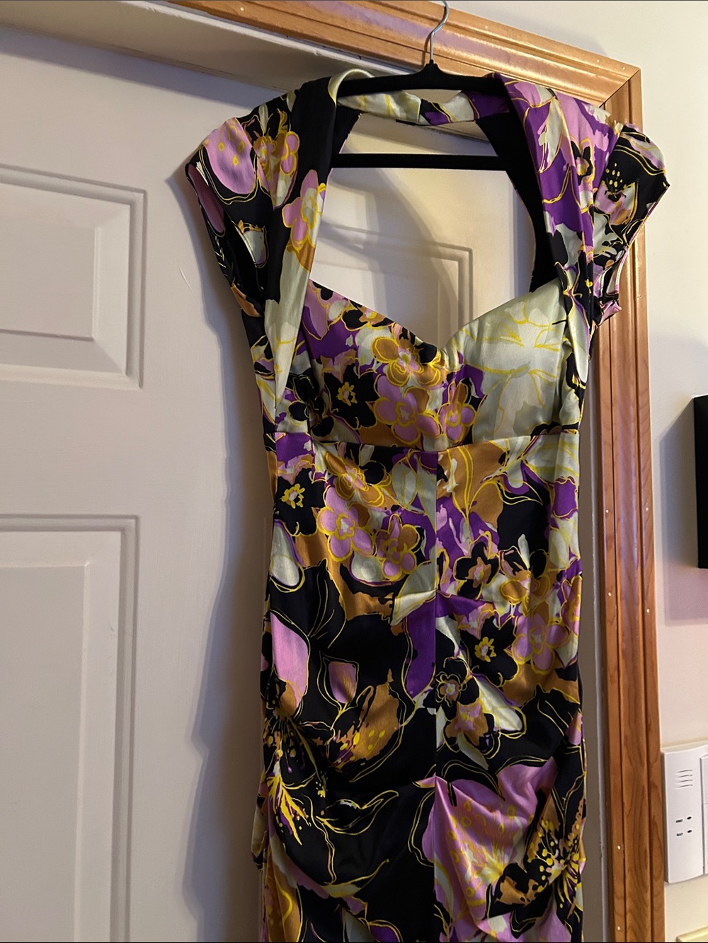 Cache Floral Satin Midi Dress — Black, Purple & Gold